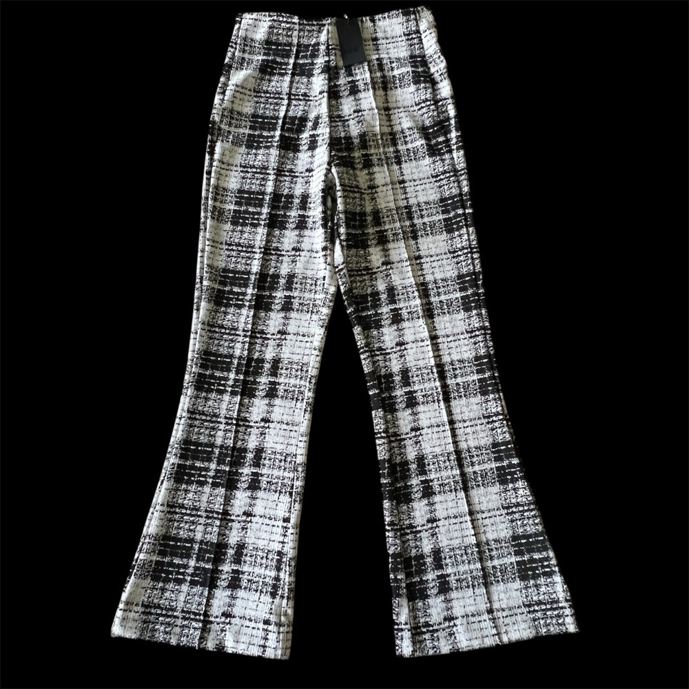 ONA by Yoon Chung Black and White Plaid Crop Kick Flare Leggings size Medium NWT